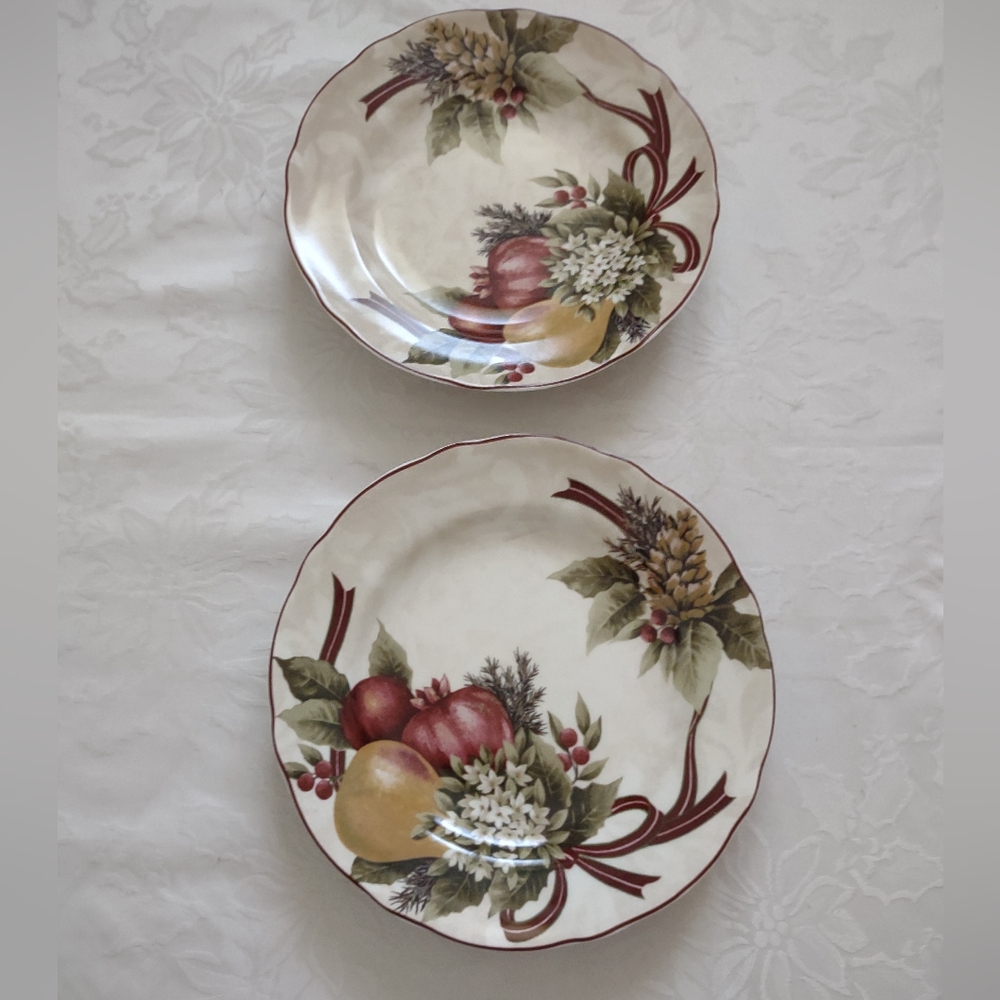 9 Inch Yuletide Fine Porcelaine Holiday Fruits Painted Two Plates